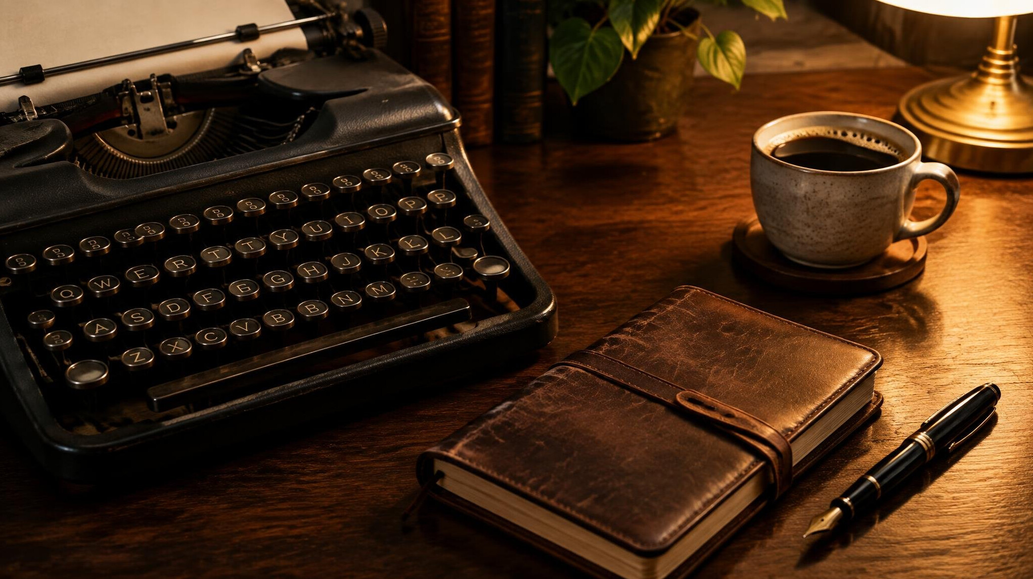 Vintage typewriter and notebook on a wooden writer's desk