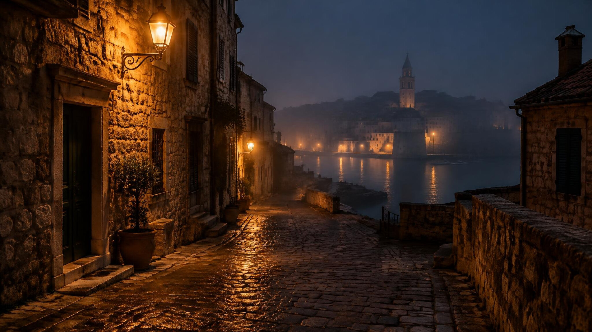 Foggy cobblestone street in an old Croatian town at night