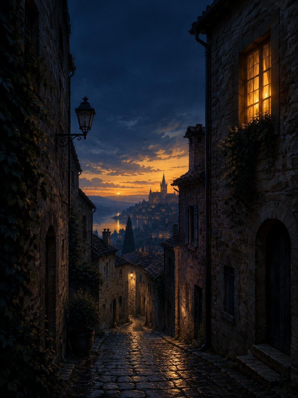 Dark book cover illustration of a narrow cobblestone alley at dusk
