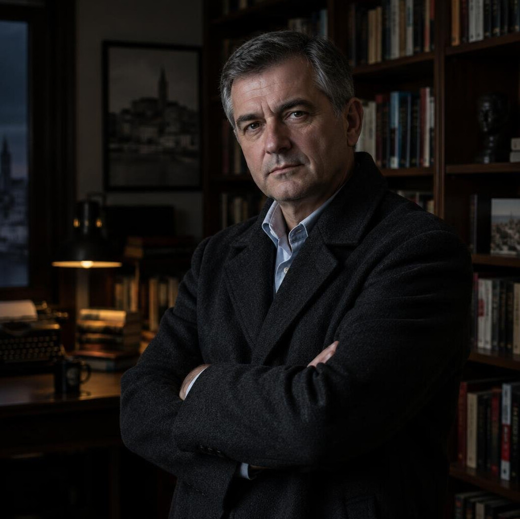 Portrait of a Croatian male mystery writer in his fifties wearing a dark coat