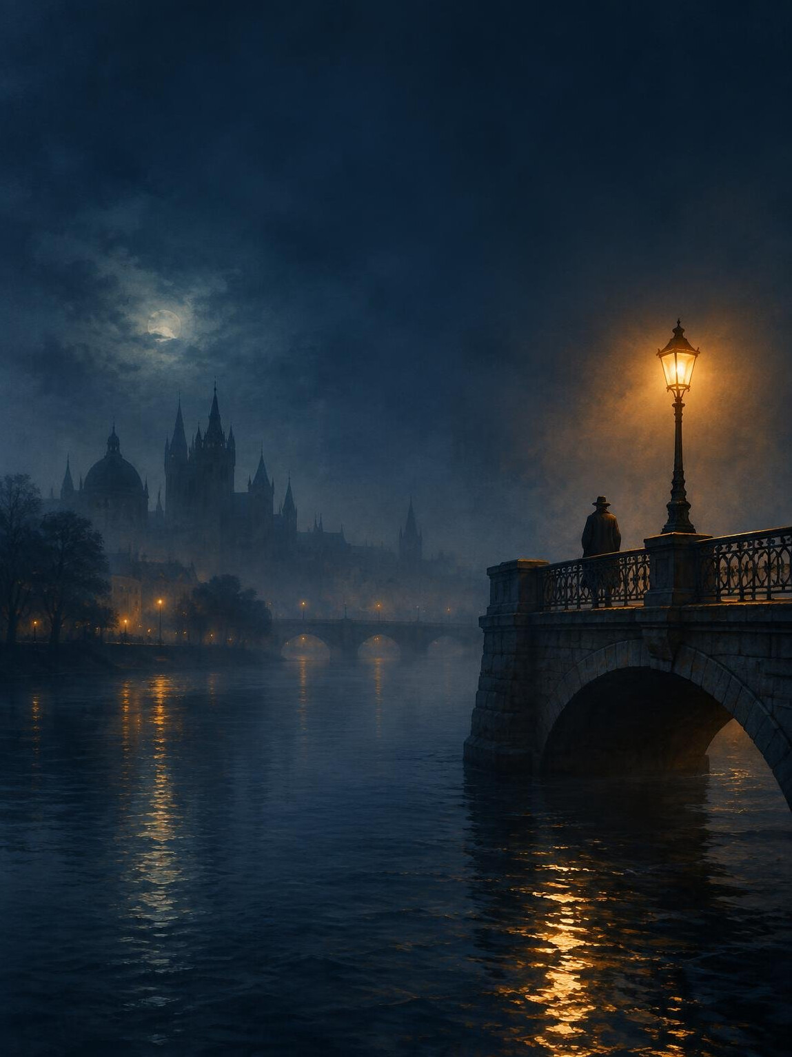 Dark moody book cover illustration of a foggy river at night
