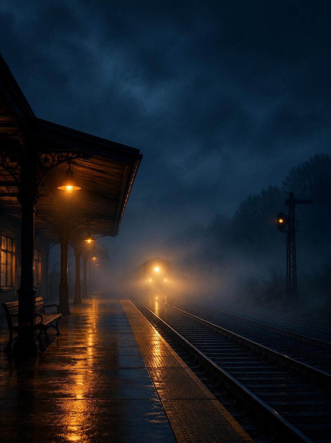 Dark book cover illustration of an empty train platform at night